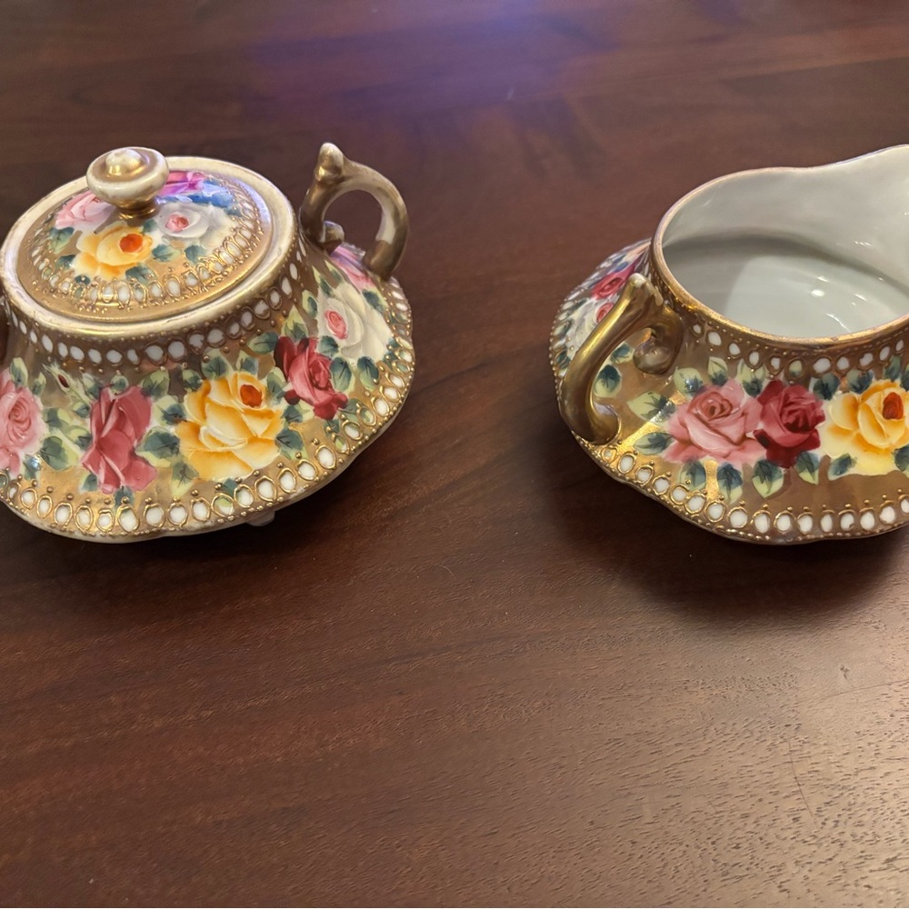 Nippon Floral Porcelain Sugar Bowl and Creamer Set